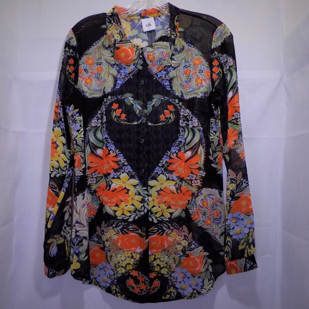 cabi Sheer Floral Button Up Top w/Peter Pan Collar